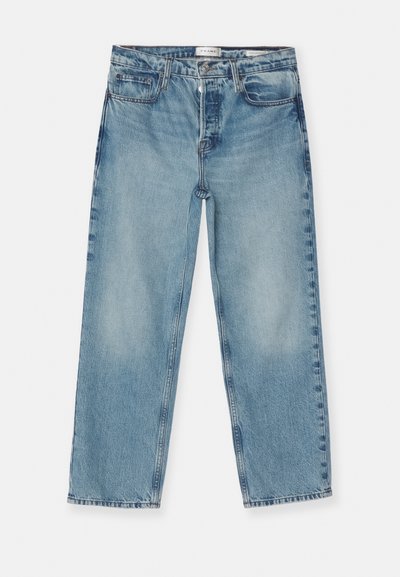 Jeans dritti blu chiaro con una finitura sbiadita, dotati di cinque tasche, passanti per la cintura e chiusura con zip. Materiale in denim di cotone.