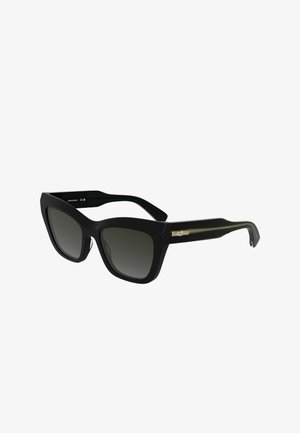 Schwarze rechteckige Sonnenbrille mit Verlaufsgläsern. Hergestellt aus Kunststoff mit einem goldfarbenen Akzent an den Bügeln. Breite Fassungen und schlankes Design.