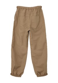 Bruine, lichte, ontspannen pasvorm broek met een elastische tailleband en manchetten. Bevat twee achterzakken met vierkante vormen. Textuurstof.