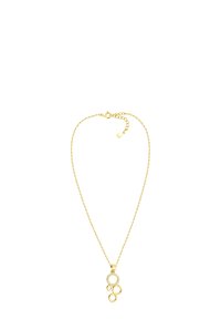 Guld-färgad halssmycke med en delikat kedja och tre sammanlänkade cirkulära hängen, varav ett är prytt med små rhinestones.