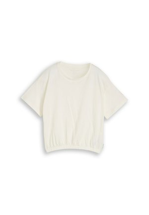 Weißes, kurzärmeliges, kurzes T-Shirt mit rundem Ausschnitt und elastischem Saum, flach auf weißem Hintergrund präsentiert.