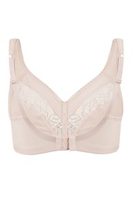 Soft pink full-coverage bra with lace panels, adjustable straps, and front hook-and-eye closure.