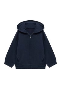 Felpa con zip di colore blu navy, con cappuccio, maniche lunghe e tasche laterali. Realizzata in tessuto morbido con una superficie liscia e una vestibilità comoda.