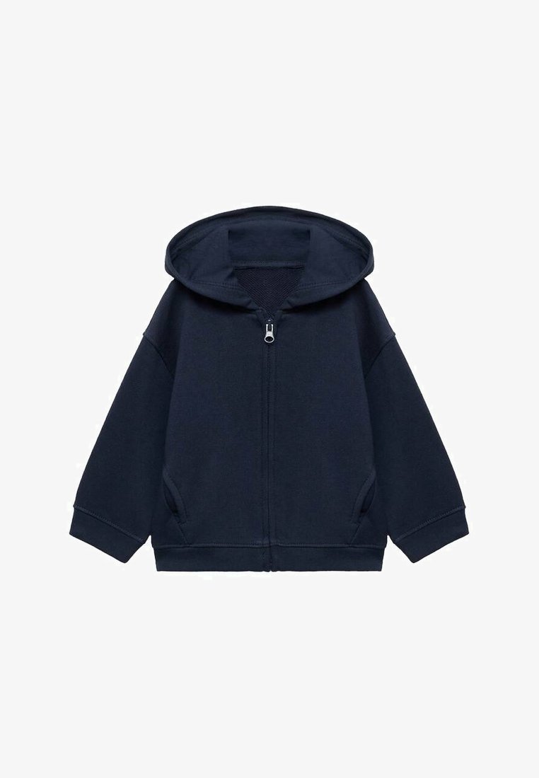 Marinblå zip-up huvtröja med huva, lång ärm och sidofickor. Gjord av mjukt tyg med en slät textur och avslappnad passform.