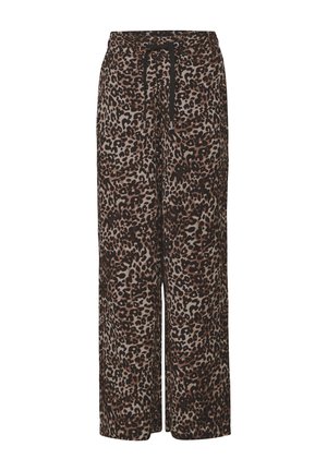 Pantaloni a gamba larga con stampa animalier in toni di beige e marrone, dotati di vita elastica con cordoncino per una vestibilità regolabile.