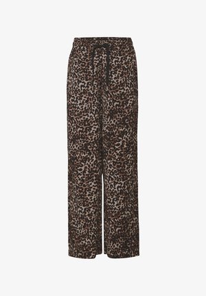 Spodnie z szerokimi nogawkami w zwierzęcy wzór w beżowych i brązowych odcieniach, z elastyczną talią i sznurkiem do regulacji dopasowania.