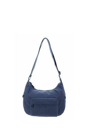 Bolso de hombro azul marino con correa ajustable, bolsillo delantero con cremallera y forma redondeada hecha de tela texturizada.