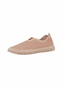 Pink slip-on shoes with a breathable woven upper, textured design, and a thick, ridged rubber sole for traction.