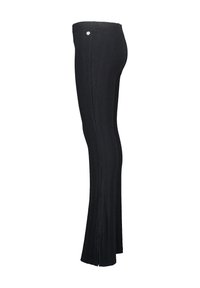 Pantalons en tricot noir côtelé avec une forme légèrement évasée, dotés d'un petit bouton en argent à la taille et d'une surface texturée.