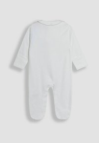 Body in cotone bianco per neonati con maniche lunghe, scollatura rotonda e design con piedi; texture liscia senza motivi o accenti visibili.