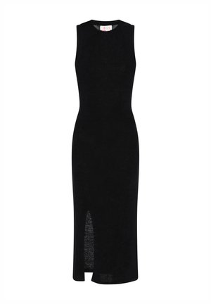 Juoda be rankovių suknelė, pagaminta iš minkštos medžiagos. Prigludęs dizainas su kelio ilgio apačia ir atvira nugaros dalimi, leidžiančia patogiai judėti.