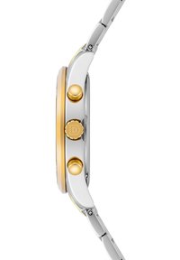 Reloj de acero inoxidable en plata y oro con una caja redonda, dos pulsadores dorados y una corona texturizada, que presenta un acabado pulido.
