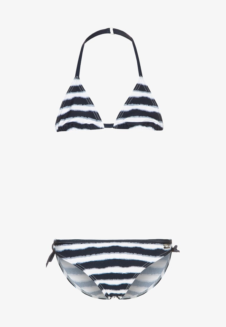 Marineblaue und weiße gestreifte Bikini mit einem dreieckigen Oberteil und einem tief geschnittenen Unterteil. Verfügt über eine Halterneck-Bindung und seitliche Bändchen am Unterteil.