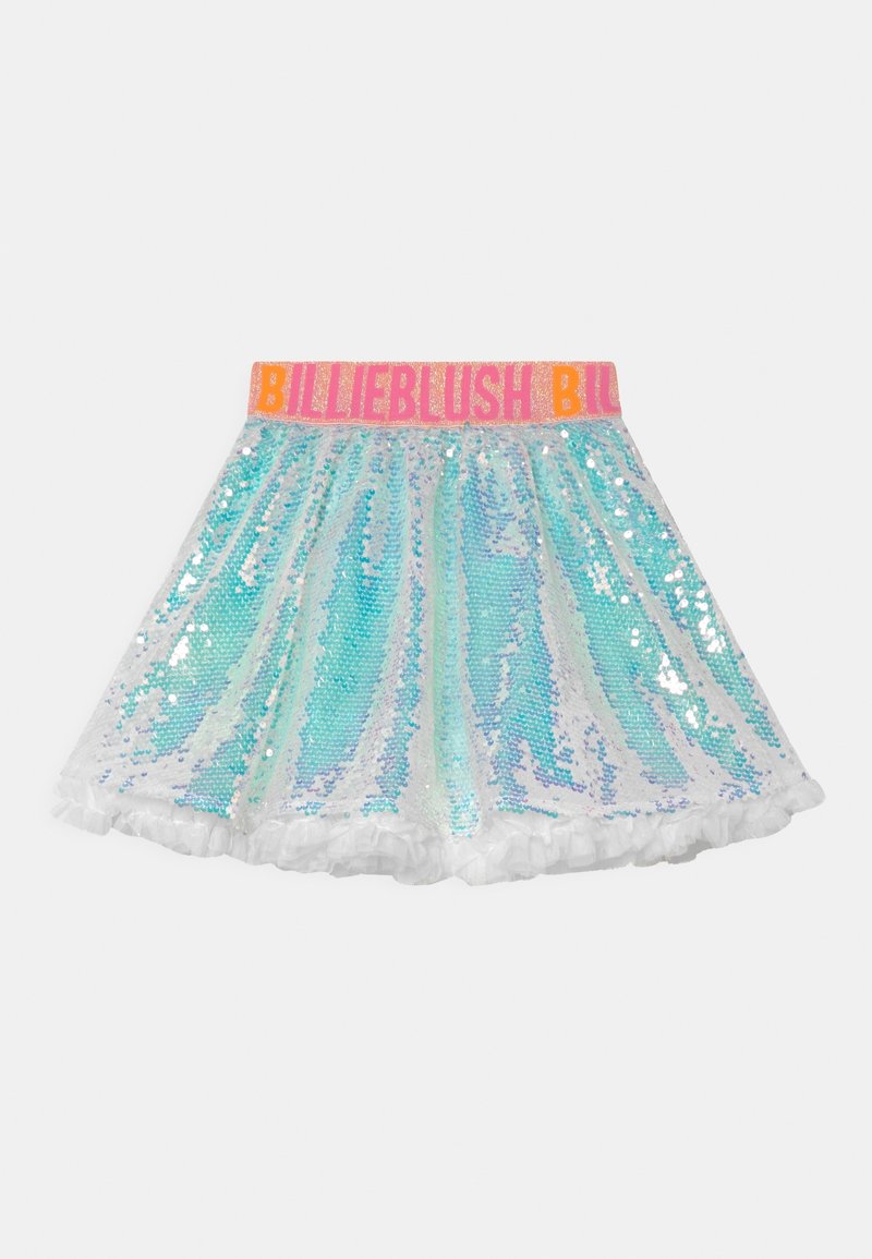 Spódnica z cekinami z elastycznym różowym pasem oznaczonym "BILLIEBLUSH", w turkusowej kolorystyce i białą falbaną na dole.