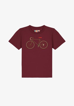T-shirt bordeaux avec un graphisme de bicyclette en beige et une selle rouge. Manches courtes et col rond, fabriqué en tissu de coton.