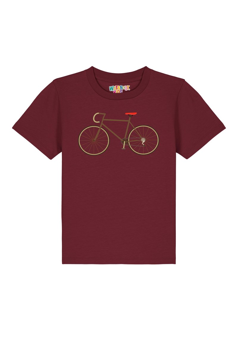 T-shirt bordeaux avec un graphisme de bicyclette en beige et une selle rouge. Manches courtes et col rond, fabriqué en tissu de coton.