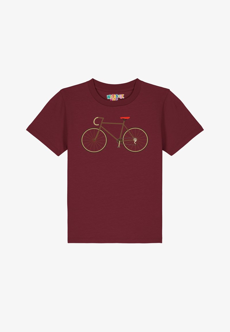 T-shirt bordeaux avec un graphisme de bicyclette en beige et une selle rouge. Manches courtes et col rond, fabriqué en tissu de coton.