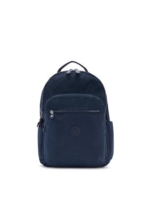 Navy blue backpack made of smooth fabric; features a rounded shape, dual zipper closures, front pocket, and adjustable straps.