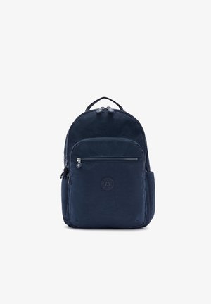 Sac à dos bleu marine en tissu lisse ; il présente une forme arrondie, des fermetures à double zip, une poche frontale et des bretelles réglables.