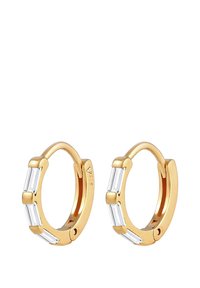 Boucles d'oreilles en or avec des pierres rectangulaires transparentes disposées en rang. Fini lisse avec un fermoir à charnière. Design léger pour un port confortable.