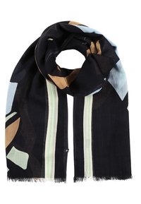 Écharpe multicolore présentant des formes abstraites en noir, marron et bleu clair, avec des rayures vertes et des bords frangés. Tissu léger.