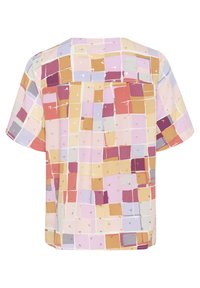 Īsa piedurkņu virsma ar daudzkrāsainu kvadrātveida rakstu pasteļtoņos - rozā, violetā un dzeltenā krāsā, ar zelta akcentiem. Gluda auduma.