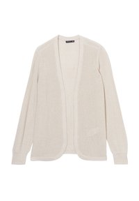Cardigan lungo color beige chiaro con maniche lunghe, realizzato in morbido tessuto a maglia a costine. Design aperto con bordi arrotondati e polsini aderenti. Senza chiusure.