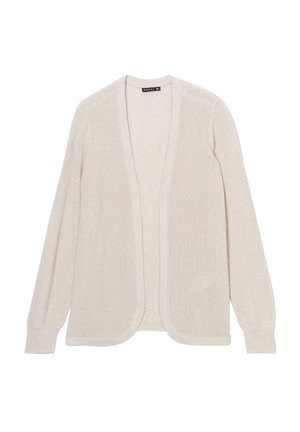 Cardigan lungo color beige chiaro con maniche lunghe, realizzato in morbido tessuto a maglia a costine. Design aperto con bordi arrotondati e polsini aderenti. Senza chiusure.