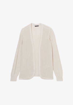 Lichtbeige lange mouwen cardigan gemaakt van zacht, ribbelgebreid materiaal. Open voorkant ontwerp met afgeronde randen en aansluitende manchetten. Geen sluitingen.