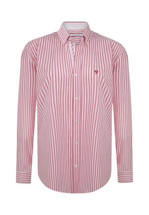 Camisa de botones de manga larga en rayas rosas y blancas. Presenta un collar de punta, cierre frontal de botones y un pequeño logo de pájaro en el pecho.