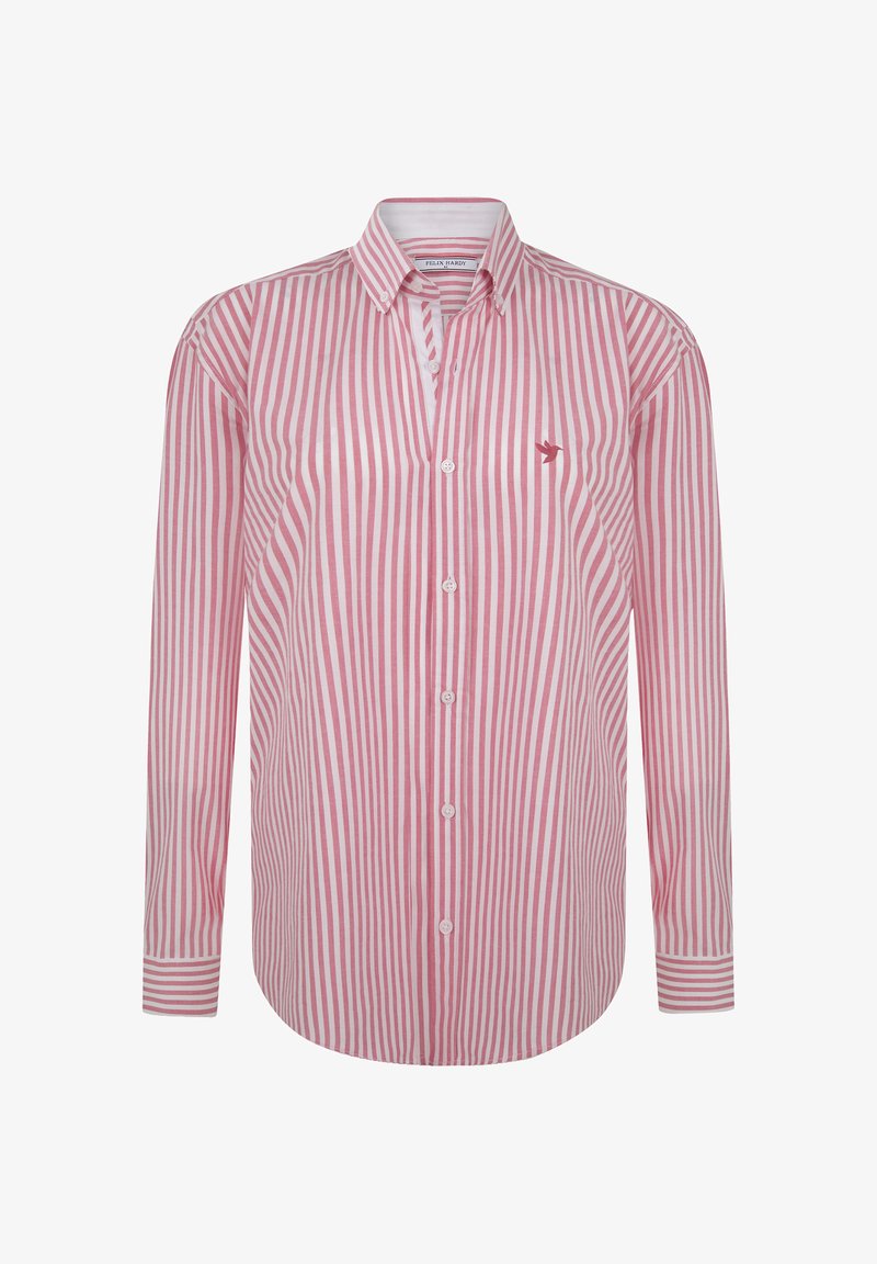 Langarm overhemd met roze en witte strepen. Voorzien van een puntige kraag, een knoopsluiting aan de voorkant en een klein vogellogo op de borst.