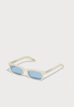 Lightweight, cream-colored sunglasses with rectangular blue lenses, featuring a sleek frame and subtle detailing on the arms.