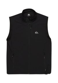 Svart ärmlös väst i softshell-material, med hög krage, framdragkedja och två sidofickor med dragkedja. Logotyp på bröstet.