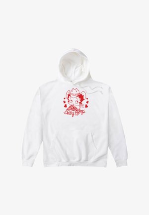 Biała bluza z kapturem z czerwoną grafiką przedstawiającą postać w kowbojskim kapeluszu, chustce i sercach. Zawiera kieszeń z przodu oraz sznurek ściągający w kapturze.