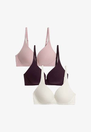Set of four bras: light pink, dark purple, dark purple, and white. Soft fabric, seamless design, adjustable straps, and a smooth finish.