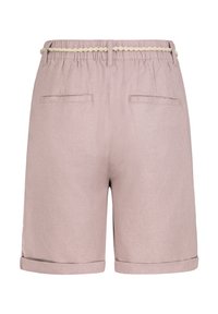 Light pink shorts with an elastic waistband and braided cream belt. Features two back pockets and rolled hem cuffs. Soft fabric texture.