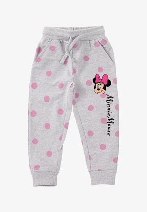 Szare spodnie dresowe w różowe kropki, ze ściągaczem w talii, bocznymi kieszeniami oraz grafiką Myszki Minnie z napisem wzdłuż lewej nogawki.
