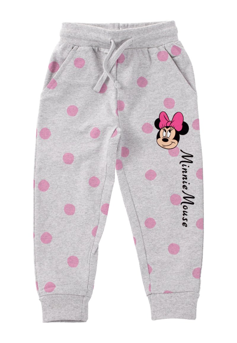 Pantalon de survêtement gris à pois roses, taille élastique avec cordon, poches latérales, et motif Minnie Mouse avec son nom le long de la jambe gauche.