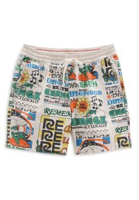 Shorts en coton avec un design imprimé coloré comprenant des textes et des illustrations, y compris des thèmes animaux et nature. Taille élastique avec cordon de serrage.
