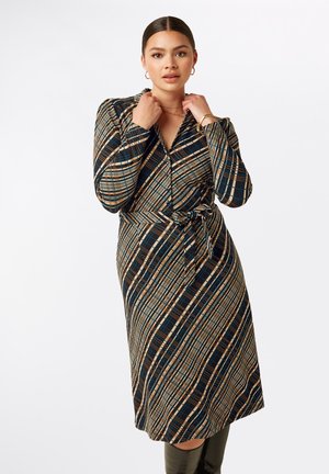 Long sleeve button-up dress in a multicolored plaid pattern featuring a belted waist, navy base, and contrasting beige and orange lines.