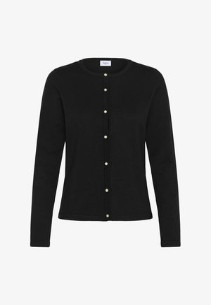 Sort cardigan lavet af blødt stof, med rund hals, lange ærmer og en knaplukning foran med perlelignende knapper.