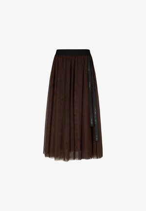 Brown midi-length tulle skirt with black elastic waistband and long black ribbon detail hanging on one side.