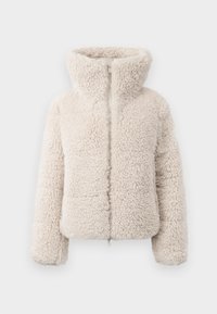 Crème-kleurige faux fur jas met hoge kraag, ritsluiting en een gestructureerde, fluweelachtige oppervlakte. Heeft lange mouwen en een cropped silhouet.