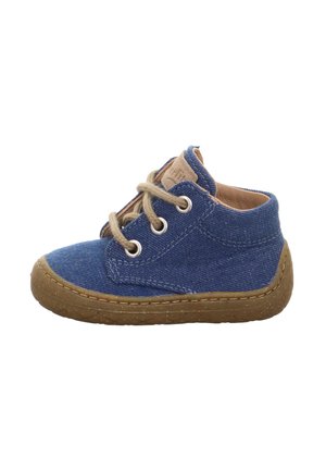 Blaue Canvas-Schuh mit beigen Schnürsenkeln, runder Zehenpartie und strukturiertem braunem Gummisole. Verfügt über gestickte Akzente und ein Low-Top-Design.