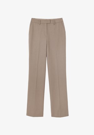 Beżowe spodnie sziwne z prostymi nogawkami, wykonane z lekkiego materiału. Posiadają dwie boczne kieszenie oraz płaski pas.