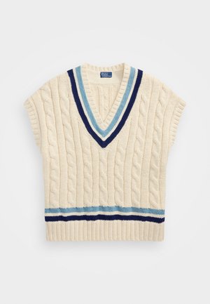 Cremiger, ärmelloser Pullover aus Kabelstrick mit tiefem V-Ausschnitt. Akzentuiert mit navyblauen und hellblauen Streifen um den Ausschnitt und den unteren Saum.