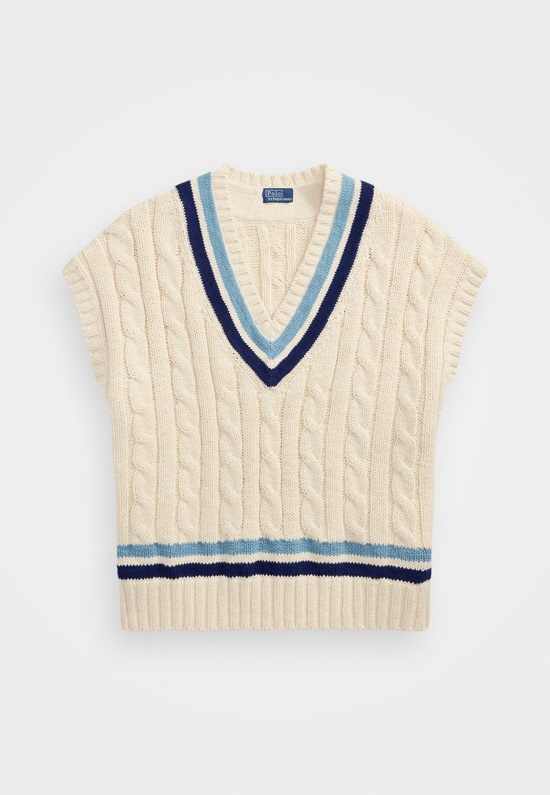 Cremiger, ärmelloser Pullover aus Kabelstrick mit tiefem V-Ausschnitt. Akzentuiert mit navyblauen und hellblauen Streifen um den Ausschnitt und den unteren Saum.