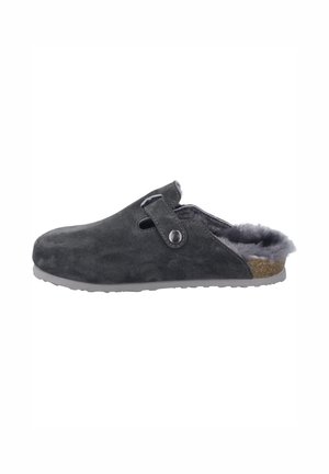 Grey suede clog with soft fur lining, open back, decorative strap with button, flat grey sole, and textured upper for added grip.