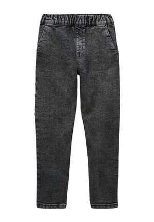 Pantalons en denim noir avec une taille élastique, deux poches latérales et une coupe fuselée. Texture lisse avec des détails de couture minimaux.