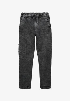 Pantalons en denim noir avec une taille élastique, deux poches latérales et une coupe fuselée. Texture lisse avec des détails de couture minimaux.